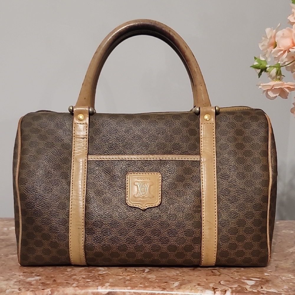Celine Brown Coated Canvas Macadam Boston Bag/Duffle with COA